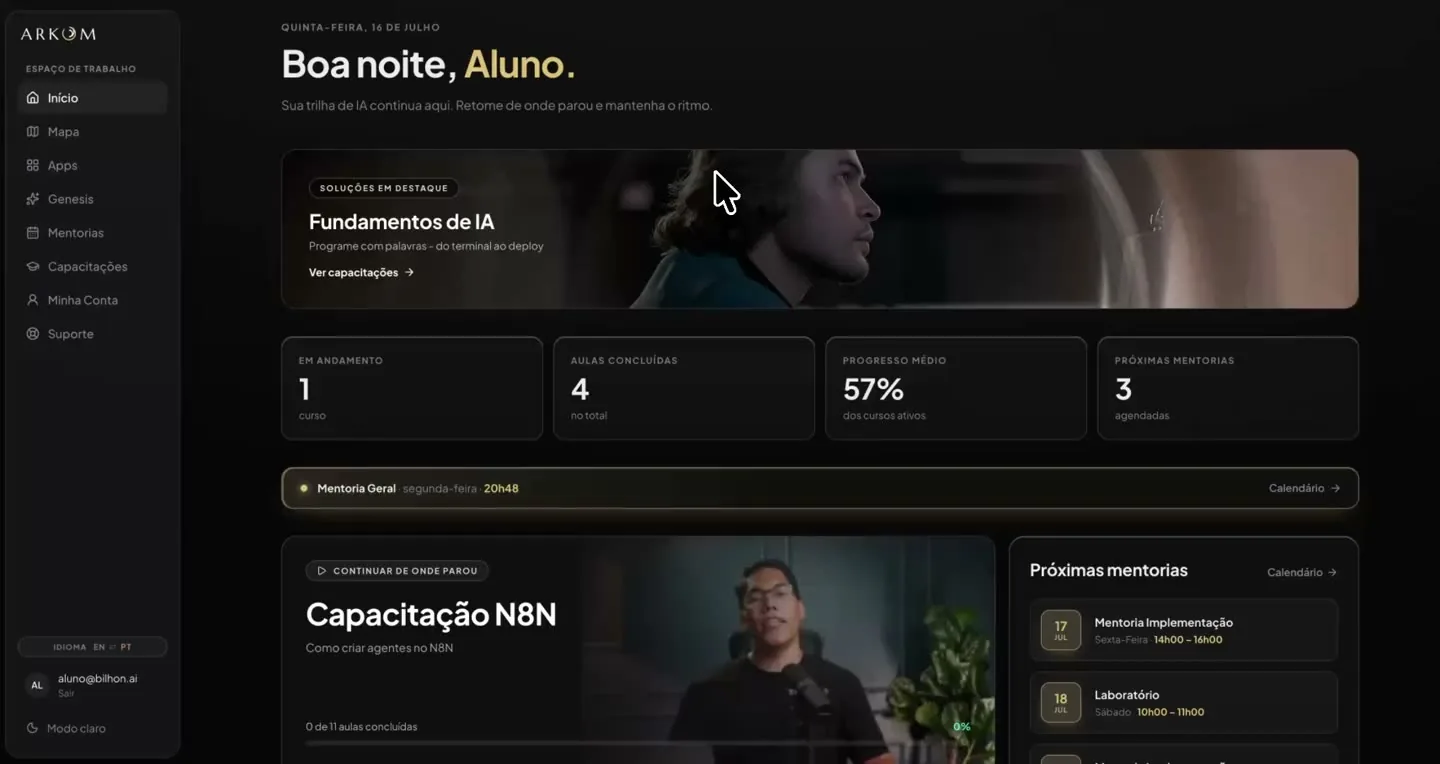 Tela real da ARKOM: agenda de mentorias ao vivo com calendário mensal e próximos encontros
