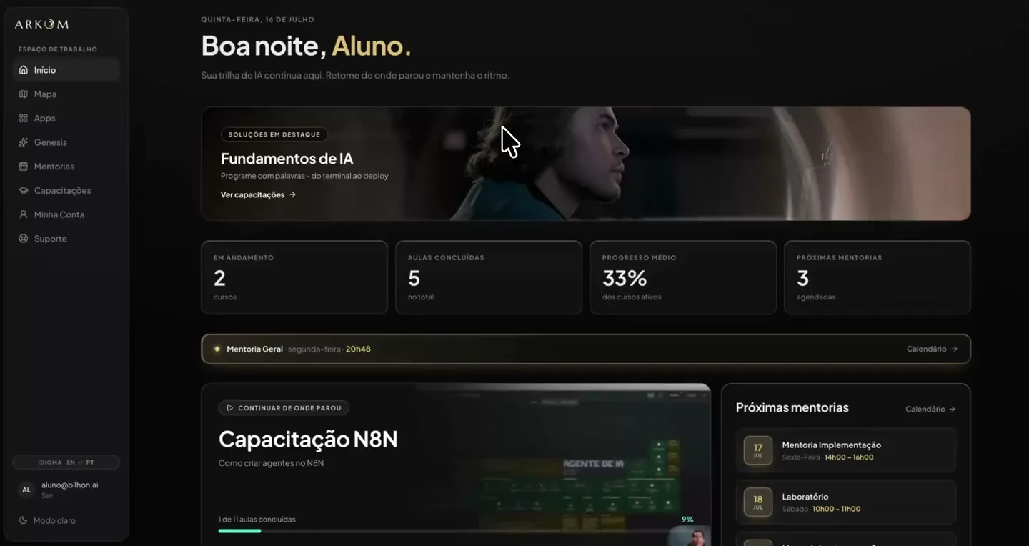 Tela real da ARKOM: painel inicial do aluno com progresso e próximas mentorias